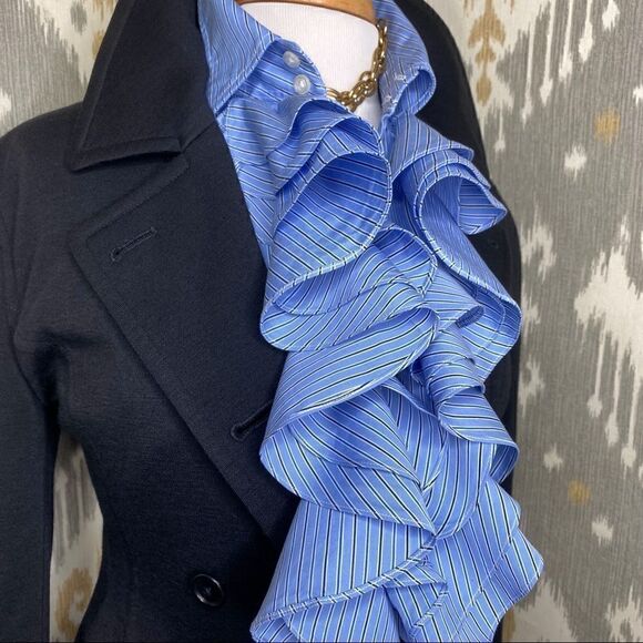 Ralph Lauren Triple Ruffle Blue Pin Stripe Cotton Stretch Jabot Blouse - Picture 7 of 16